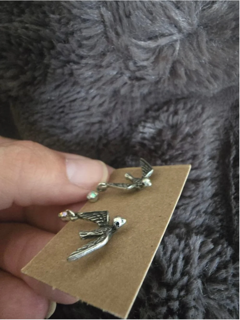 Vintage Betsey Johnson Silver Bird Earrings Iridescent Stone Accent FairyCore